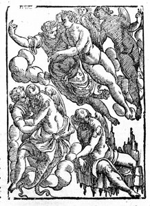 Eole (prawy dolny róg) i wiatry. „Mitologia i bajki” podaje hrabia Natalia. Padwa 1677 autorstwa Unknown artist