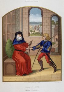 Ezaw ze swoją bronią myśliwską i swoim ojcem Izaakiem. XIX-wieczna chromolitografia. autorstwa Unknown artist