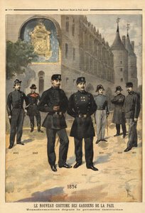 Ewolucja mundurów sił pokojowych (lub sierżantów miejskich) od 1860 do 1894 roku przed wieżą zegarową Concierge w Paryżu. Grawerowanie w „”Le petit journal”” 09/1894. Kolekcja Selvy. autorstwa Unknown artist