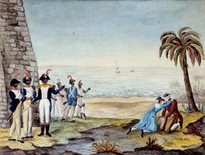 Egzekucja osadnika: Egzekucja osadnika podczas buntu w Santo Domingo (Ameryka Środkowa, Antyle) w 1791 r. Rycina z XVIII wieku. Chartres, Muzeum Sztuk Pięknych autorstwa Unknown artist