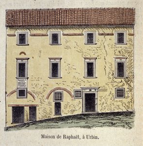 Fasada domu, w którym mieszkał malarz Raffaello Santi (Raphael) (1483 - 1520) w Urbin we Włoszech autorstwa Unknown artist