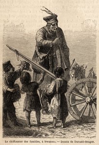 Szmata rodzinna w Swansea. Rysunek Duranda Bragera, ilustrujący wizytę w głównych fabrykach w Walii w 1862 roku, autorstwa L.Simonina. Grawerowanie w „”Le tour du monde””, pod redakcją Edouarda Chartona autorstwa Unknown artist