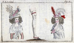 Moda XVIII wiek: fryzura i podwiązka kobiet około 1788 roku. autorstwa Unknown artist