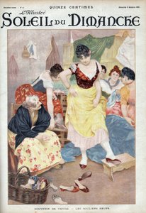 Moda końca XIX wieku: nowe buty z Wenecji. Kobiety przymierzają buty z włoskiego miasta. Grawerowanie w „”Le sun-du-dimanche””, 8 października autorstwa Unknown artist