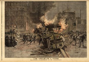 Pożar omnibusów i tramwajów w Paryżu: brutalnie stłumiona demonstracja studencka przeradza się w ogólne zamieszki. Grawerowanie w „”Le petit journal”” 22.07.1893. Kolekcja Selvy. autorstwa Unknown artist