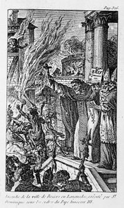 Pożar miasta Béziers w Langwedocji, dokonany przez św. Dominikę na rozkaz papieża Innocentego III w „Zbrodniach religii” autorstwa Unknown artist