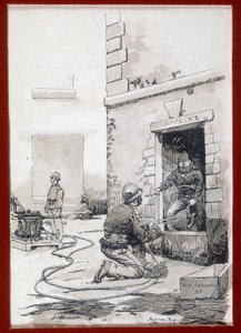 Strażacy: aparaty przeciwpożarowe z piwnic. grawerowanie sd. 19 wiek autorstwa Unknown artist