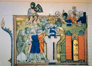 Pierwsza krucjata: Godefroi (lub Godefroy) z Bouillon (1058-1100) w okrągłej wieży zaatakował Jerozolimę w 1099. Miniatura z „”Roman De Godefroy De Bouillon et de Saladin”” autorstwa Unknown artist