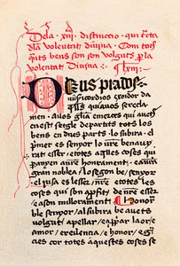 Pierwsza strona wydania „Księgi Kontemplacji Boga” (Wolnej od Kontemplacji Boga) kataloński filozof i mistyk Ramon Llull (Raymond Lulle). autorstwa Unknown artist