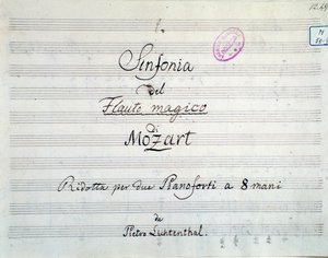 Pierwsza strona partytury symfonicznej zredukowana do dwóch fortepianów i ośmiu rąk Czarodziejskiego fletu, opera Mozarta, wersja Lichtenthala (XIX w.) autorstwa Unknown artist