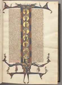 Fol. 1r, Genesis, z pełnometrażowym historycznym inicjałem I, przedstawiającym Stworzenie i Ukrzyżowanie, całość na oksydowanym złotym tle, z różowymi i niebieskimi ramkami i wciętymi przedłużeniami smoków i liści u góry iu dołu, na których siedzą różne autorstwa Unknown artist