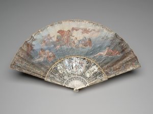 Wachlarz składany "Zachód słońca", wg François Bouchera, po 1753 (gwasz i w/c na pojedynczym liściu welinu, kość słoniowa, złocenia, gwasz, masa perłowa i pasty) autorstwa Unknown artist