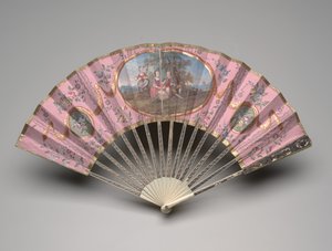 Składany wachlarz ze sceną pasterską na ziemi "domino", ok. 1770-80 (gwasz i akwarela na podwójnym liściu papieru, kość słoniowa, złocenia, masa perłowa i klejnoty wklejane) autorstwa Unknown artist
