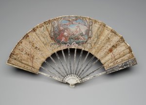 Wachlarz składany z Narodzinami Wenus, ok. 1770-80 (gwasz na pojedynczym liściu jedwabiu, słoma, mosiądz, metaliczna nić, kość, złocenie, masa perłowa i klejone klejnoty) autorstwa Unknown artist