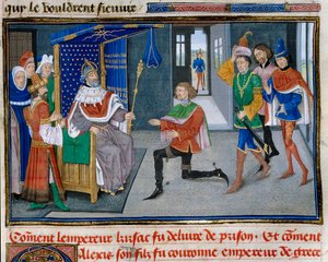 Czwarta Krucjata: przedstawienie Anioła Aleksego IV (1182-1204) jest koroną cesarską obok swojego ojca Izaaka II po tym, jak udało mu się wydostać go z więzienia w 1203. Miniatura z „”Kronika abregee”” Davida Auberta autorstwa Unknown artist