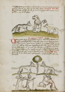 Lis i wilk przed lwem; Dwa wilki pod drzewem ciągnące bele pszenicy; Rolnik wiążący snopy pszenicy autorstwa Unknown artist