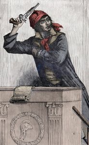 Rewolucja Francuska: Portret Jean Paul Marat (1743-1793), deputowany Montagnard na Zjeździe, rozgałęzia pistolet na podium - autorstwa Unknown artist