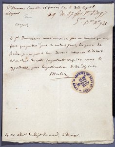 Rewolucja Francuska: odręcznie napisany list z dnia 26.02.1793 od denomme Merlin w sprawie zdobycia miasta Breda w Holandii 24 lutego przez generała Dumourieza. Archiwum departamentalne Nord Lille autorstwa Unknown artist