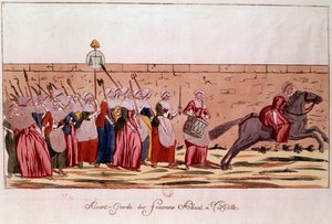 Rewolucja francuska 1789: awangarda kobiet jadących do Wersalu 5 października 1789. Rycina z XVIII wieku. Paryż, B.N. autorstwa Unknown artist
