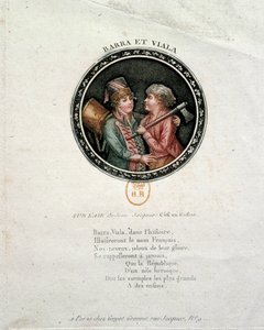 Rewolucja Francuska: reprezentacja Barry i Viali. Joseph Agricol Viala (1780-1793) i Joseph Bara (1780-1793), bohaterowie Rewolucji Francuskiej, którzy walczyli odpowiednio w Marsylii i Vendee dla Republiki. Grawerowanie XVIII wieku autorstwa Unknown artist