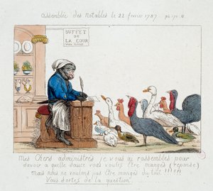 Rewolucja Francuska: „” the Assembllee des notables du 22 lutego 1787”” Karykatura przedstawiająca króla Ludwika XVI w małpim kucharzu, który przewodniczy zgromadzeniu złożonemu z indyków, kur, gęsi i indyków. Rysunek z XVIII wieku. Paryskie Muzeum Carnava autorstwa Unknown artist