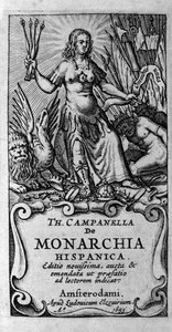 Frontispice „De monarchia hispanica” (Monarchia Hiszpanii) włoskiego filozofa Tommaso Campanella (1568-1639). 1683 autorstwa Unknown artist