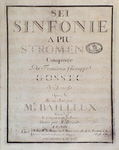 Frontyspis partytury do Sei sinfonie a piu strumenti op. 5 (pierwsza symfonia) Francois Joseph Gossec autorstwa Unknown artist