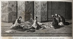 Ceremonie pogrzebowe: mnich ostatnich sakramentów. Rycina ilustrująca podróż do Japonii w latach 1863-1864, autorstwa Aime Humberta, ministra Konfederacji Szwajcarskiej, w „Le tour du monde, nouveau journal des voyages”, wydanej pod kierunkiem Edouara autorstwa Unknown artist