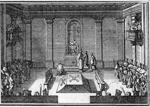 Pogrzeb papieża w XVIII wieku: ceremonia obseque. Grawerowanie w „Histoire des religions””. autorstwa Unknown artist