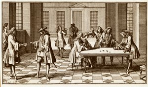 Pokój gier w XVIII wieku - Grawerowanie autorstwa Sebastiena Le Clerc w „Essay d