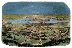 Widok ogólny Paryża z klauzurą pod panowaniem Filipa Augusta, rycina XIX wiek autorstwa Unknown artist