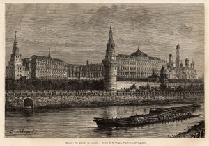 Ogólny widok Kremla, geograficznego centrum Moskwy i politycznego centrum Rosji, sąsiedztwo zbudowane w XIV wieku zawsze było rozbudowywane i odnawiane w historycznych perypetiach kraju. Grawerowanie ilustrujące La Rus autorstwa Unknown artist