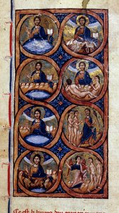 Geneza: przedstawienie różnych etapów tworzenia świata (kosmogonii). Miniatura z rękopisu „Historia powszechna”” XIII wiek. Biblioteka Miejska w Dijon autorstwa Unknown artist