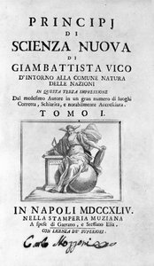 Giambattista Vico. Nazywany również Giovanni, Gian Battista, Jean Baptiste lub Jean-Baptiste. Frontyspicjum „Nowej nauki” autorstwa Unknown artist