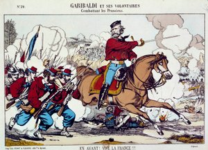 Giuseppe Garibaldi (1807-1882) walczący ze swoimi ochotnikami przeciwko Prusom. „Naprzód, niech żyje Francja” Około 1871 r. Grawerowanie B.N. Paryż autorstwa Unknown artist