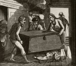 „Gordon i jego towarzysze dociskają do śmierci francuskiego kapitana wielką skrzynią”, ok. 1836 r. autorstwa Unknown artist