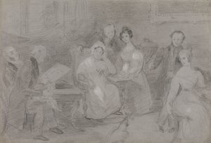 Grupa postaci, z mężczyzną malującym akwarelami i dziewczyną podającą filiżanki herbaty autorstwa Unknown artist