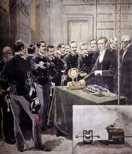 Guglielmo Marconi zaprezentował telegraf bezprzewodowy (TSF) na konferencji w Ministerstwie Marynarki Wojennej w 1897 roku. autorstwa Unknown artist