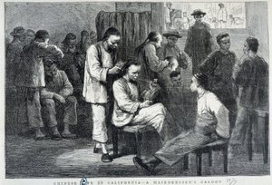Salon fryzjerski w chińskiej społeczności Kalifornii - grawer autorstwa Unknown artist