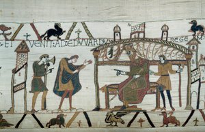 Harold, który wrócił do Anglii, po swojej ambasadzie u księcia Wilhelma Zdobywcy (1027-1087), wyrecytował swoją podróż do króla Edwarda Wyznawcy Detal gobelinu z Bayeux lub haftu królowej Matyldy autorstwa Unknown artist