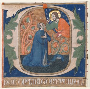 Historyczny inicjał (O) wycięty z antyfonarza: Donor Gorus Fucci klęka przed Chrystusem autorstwa Unknown artist