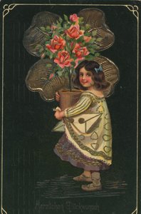 Historyczna kartka okolicznościowa z dzieckiem i dużą rośliną doniczkową, różą autorstwa Unknown artist