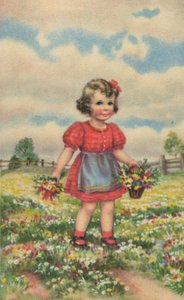 Historyczna pocztówka z szczęśliwą dziewczyną na łące, kartka z życzeniami autorstwa Unknown artist