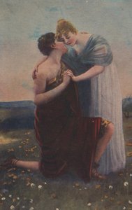 Historyczna kartka okolicznościowa z motywem historycznym, kobietą i wojownikiem średniowiecza autorstwa Unknown artist