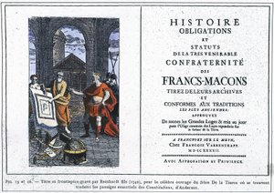 Obowiązki historyczne i statuty najczcigodniejszego bractwa masońskiego: tytuł i frontyspis grawerowane przez Reinhardta juniora (1742) dla słynnego dzieła Brata Trzeciego, w którym przetłumaczono podstawowe fragmenty „Con” Andersona autorstwa Unknown artist