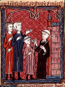 Historia prawa kanonicznego: „”Dwoje rodziców zabierających syna do klasztoru”””Miniatura zaczerpnięta z „Decret de Gratien”” („Concordia discordantium canonum” lub „Decretum Gratiani”) z 1140 r. i regulująca prawa i kanony Kościół Rzymsko-katolicki. 1 autorstwa Unknown artist