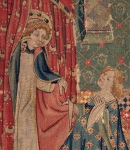 Historia św. Piata i św. Eleutery, Scena 11: Kuszenie św. Eleutery (Córka trybuna umrze, aby nie otrzymać szalonej miłości, której żąda święty, gdy zaciągnie się płaszcz). Szczegół. autorstwa Unknown artist
