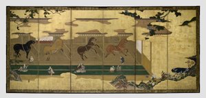 Konie w stajni (Umaya-zu byobu) autorstwa Unknown artist