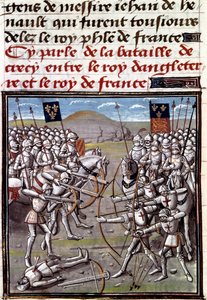 Wojna stuletnia: bitwa pod Crecy 26.08.1346 pomiędzy Francuzami i Anglikami. Miniatura z Kronik Jeana Froissarta (1337-1400) autorstwa Unknown artist