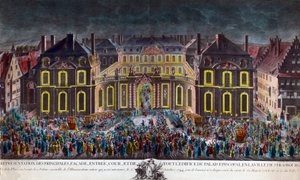 Iluminacje pałacu biskupiego miasta Strasburga podczas uroczystości wydanych przez miasto podczas pobytu króla Ludwika XV (1710-1774) w rekonwalescencji po ciężkiej chorobie w dniu 5.10.1744. Kolekcja prywatna z epoki autorstwa Unknown artist